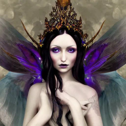 Prompt: detailed portrait of a dark fairy queen with wings holding a silk cloth wearing a robe, crown, pixie, iris, realism, emerald, galaxy, sapphire,dark purple crown,leaves, moonlit, dark fantasy, dramatic lighting, cgsociety, artstation