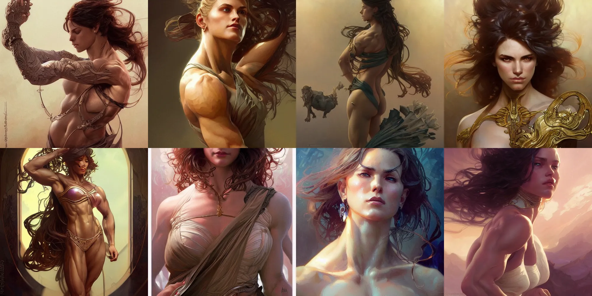 Prompt: a muscular beautiful woman, fantasy, intricate, elegant, highly detailed, digital painting, artstation, concept art, smooth, sharp focus, illustration, art by artgerm and greg rutkowski and alphonse mucha