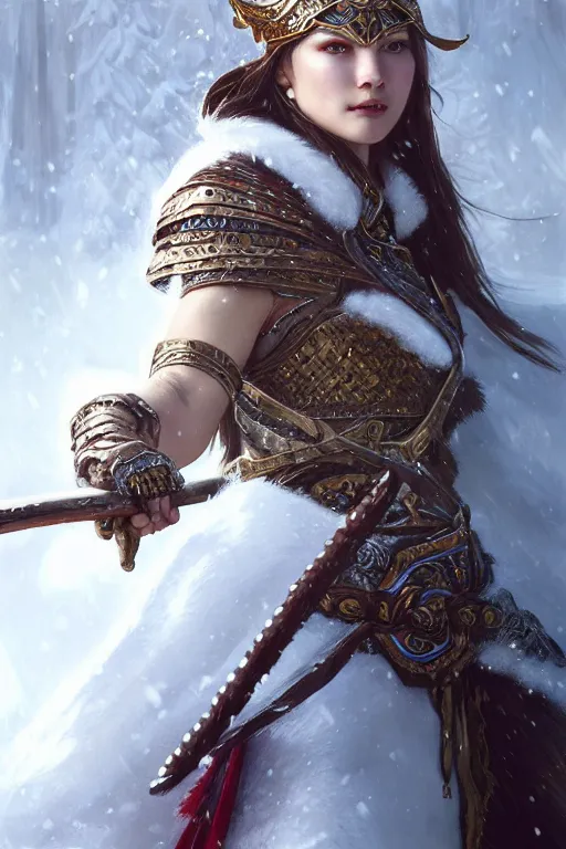 Image similar to azure viking warrior, regal, elegant, winter, snow, beautiful, stunning, hd, illustration, epic, d & d, fantasy, intricate, elegant, highly detailed, digital painting, artstation, concept art, smooth, sharp focus, illustration, wallpaper, art by artgerm and greg rutkowski and alphonse mucha and jin xiaodi