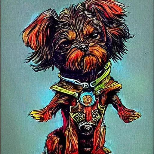 Prompt: cute dog painted in style of philippe druillet