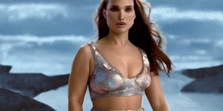 Image similar to film still of curvy natalie portman, focus on facial - detail!!!!!!, walking on an invisible bridge, similar to the bifrost, toward an endless abyss in space, wearing a white flowy bikini inspired by ancient roman clothing, beautiful astronomical background with galaxies and nebulas, lack of sunlight, 8 k resolution, cinematic lighting, anatomically correct, by christopher nolan