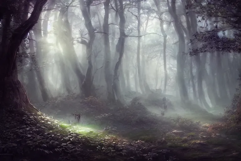 Prompt: an old elven wood, a view to an eerie fantasy world, portal to new york ethereal back light, mist, coherent composition, detailed fantasy painting by artgerm