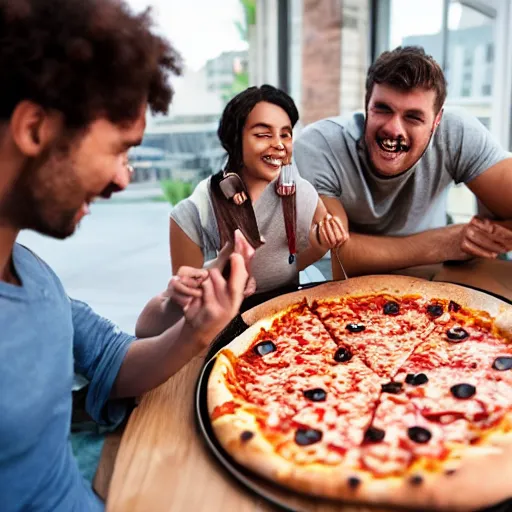 Image similar to people enjoying a pizza in the year 2450, 8k ultra hd, hyper detailed