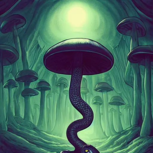 Image similar to A centered chest up portrait of a psychedelic demonic anthropomorphic snake smoking a hand-rolled cigarette smoking heavily , magic mushroom village in background , award winning. superb resolution. in the art style of junji Ito and greg rutkowski . Detailed Mushroom city in background. Hyper realistic anime. Perfect art. Dalle2