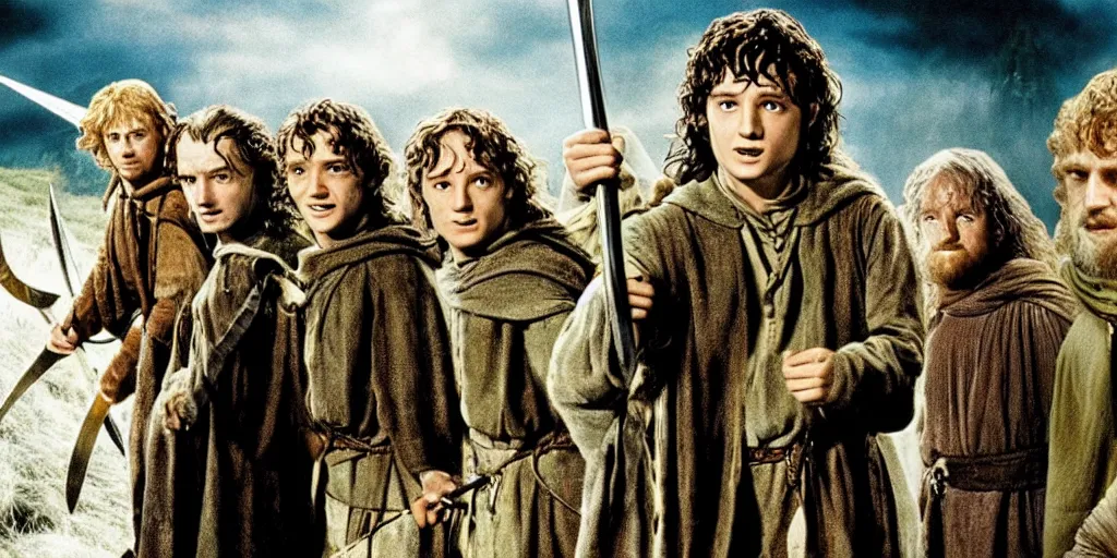 Prompt: the lord of the rings but frodo is the tallest among the fellowship promo shot from movie by peter jackson