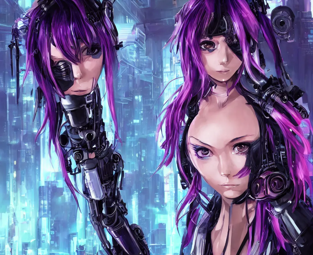 Prompt: A beautiful painting of a cyberpunk anime girl with purple hair and an a huge robot arm sensual stare, Trending on artstation. augmentations and cybernetic enhancements neon circuits, , futuristic, blade runner, detailed, intricate, elegant, highly detailed, digital painting, artstation, concept art, smooth, sharp focus, akira style illustration, art by Krenz Cushart and Artem Demura and Alphonse Mucha ❤️‍🔥 🔥 💀 🤖 🚀