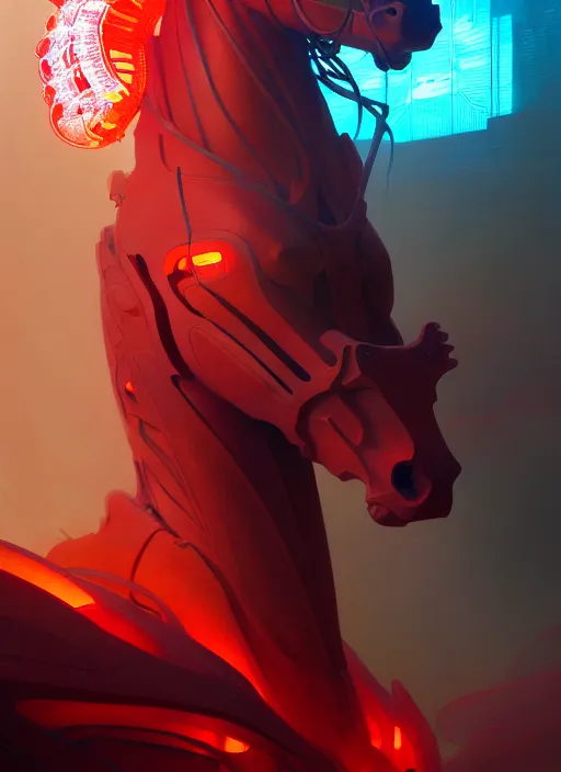 Image similar to red horse of the apocalypse, intricate lights, bio luminescent, plasma, by ruan jia and artgerm and range murata and wlop and ross tran and william - adolphe bouguereau and beeple. key art. fantasy illustration. award winning, artstation, intricate details, realistic, hyperdetailed, 8 k resolution.