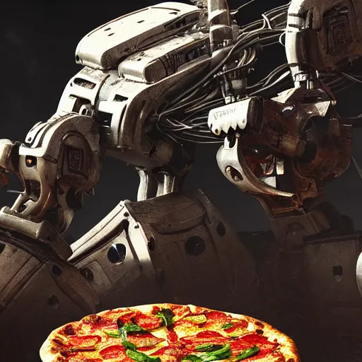 Prompt: close-up of a pizza robot, wasteland, highly-detailed, dramatic lighting, artstation, 4k, cinematic landscape, photograph by Keanu Reeves