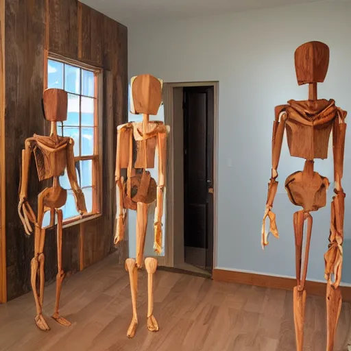 Image similar to a real estate home interior photo. a creepy wooden mannequin family,