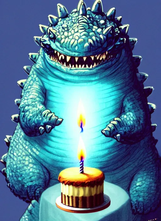 Image similar to portrait of a happy small fat blue godzilla with a birthday cake, wearing a three coloured cap with a propeller on top, intricate, elegant, candle light, highly detailed, digital painting, artstation, concept art, smooth, sharp focus, illustration, art by wlop, mars ravelo and greg rutkowski