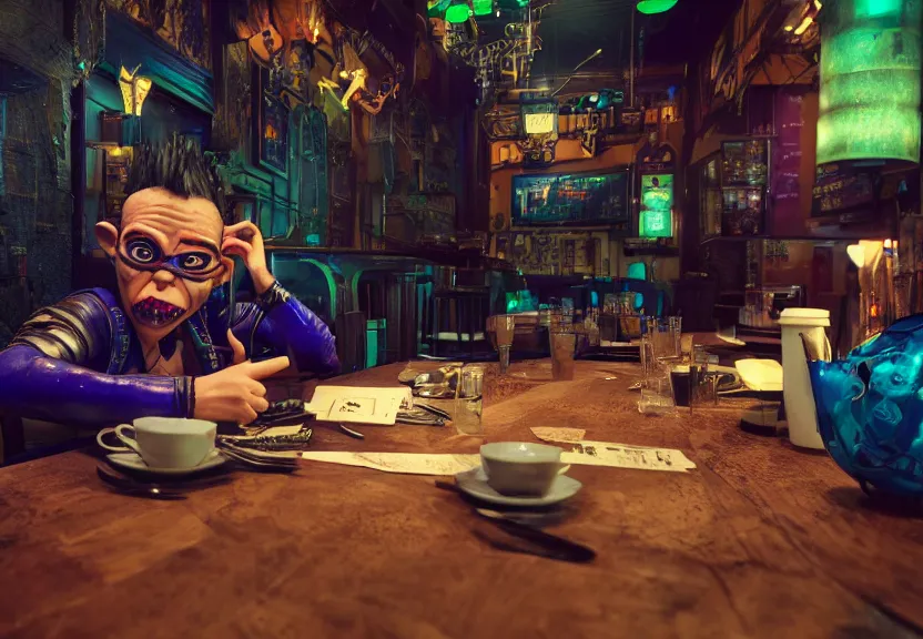 Image similar to a bored male goblin punk sitting at a table in a cafe in a cyberpunk city, close up shot, sharp focus, shallow depth of field, highly detailed face, 8k, unreal engine 5, cinematic lighting, vivid elegant fantasy concept art, character art, stern blue neon atmosphere, artstation, deep complimentary colors, volumetric lighting, photorealistic, hyperdetailed 3D matte painting, hyperrealism, hyperrealistic masterpiece