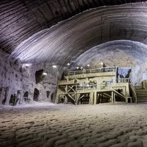 Prompt: inside of a massive salt mine,