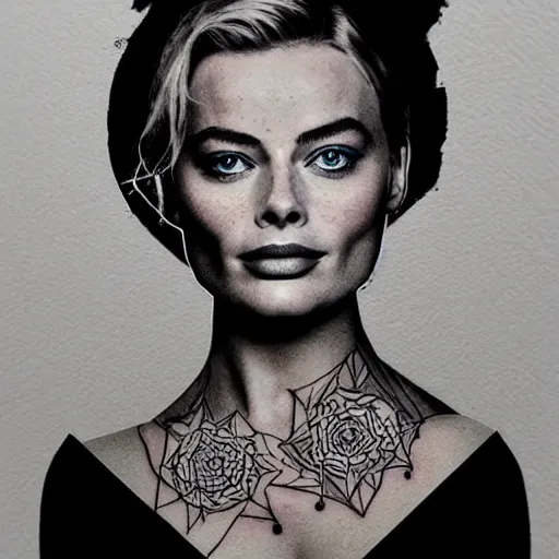 Prompt: tattoo design sketch with double exposure effect, margot robbie face and beautiful mountains, in the style of matteo pasqualin, amazing detail