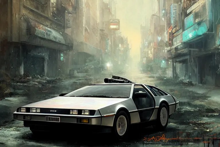 Image similar to photograph of the delorean, with a sleek spoiler, driving down the streets of a cyberpunk abandoned city, by greg rutkowski, by stanley artgerm, by alphonse mucha