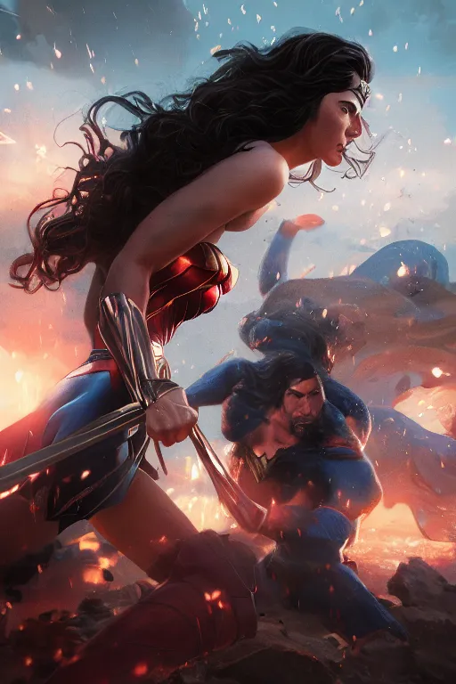 Image similar to a fancy close up of a battle of Superman vs wonder woman by Greg Rutkowski, Sung Choi, Mitchell Mohrhauser, Maciej Kuciara, Johnson Ting, Maxim Verehin, Peter Konig, 8k photorealistic, cinematic lighting, HD, high details, dramatic, trending on artstation