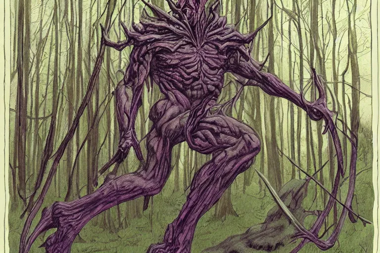 Image similar to multi headed demon in a forest in the style of wayne barlowe