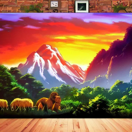 Prompt: beautiful landscape mountains, valley, sunset light, lots of wildlife and a gorilla. Bob Ross.