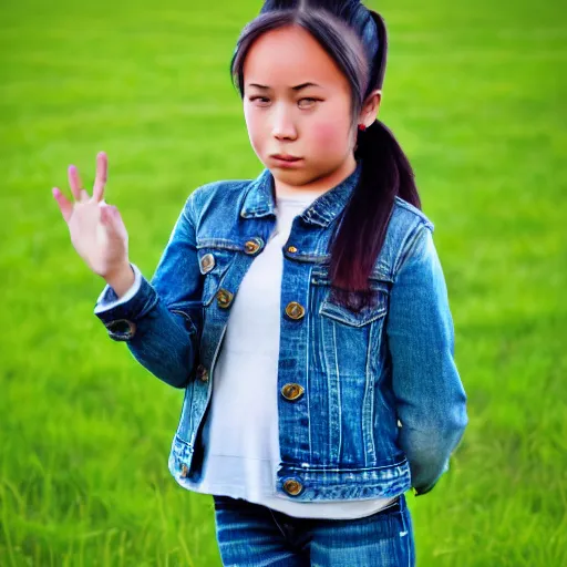 Image similar to a young girl plays on a great green meadow, she wears a jacket, jeans and boots, she has ponytails, photo taken by a nikon, highly detailed, sharp focus