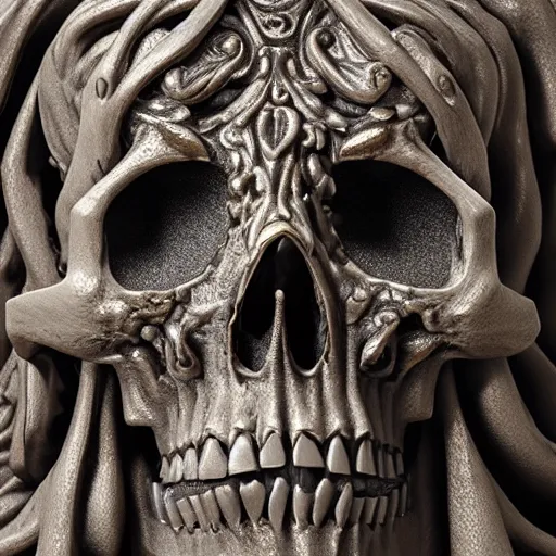 Image similar to gothic sculpture of skull with decorative baroque design, deep texture, intense detail, hyperealism, 4 k