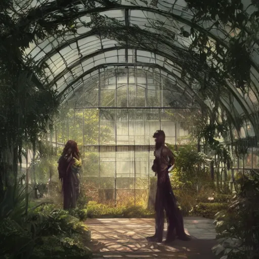 Prompt: two women standing in an elegant greenhouse garden, dramatic lighting, illustration by greg rutkowski, yoji shinkawa, 4 k, digital art, concept art, trending on artstation