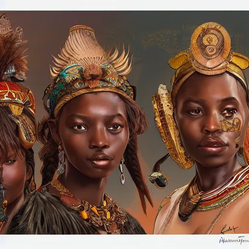 Image similar to three Zulu princesses!!! Elephants in background , intricate, elegant, highly detailed, digital painting, artstation, concept art, smooth, sharp, focus, illustration, art by artgerm and greg rutkowski and alphonse mucha