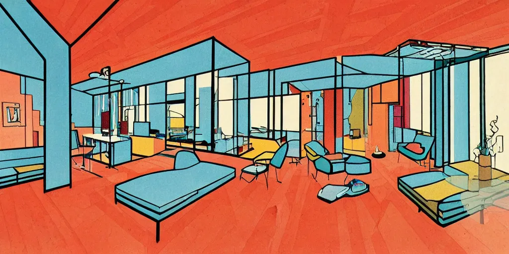 Image similar to modernist interior, seen from above, by René Laloux, line brush, full colour, coloured background