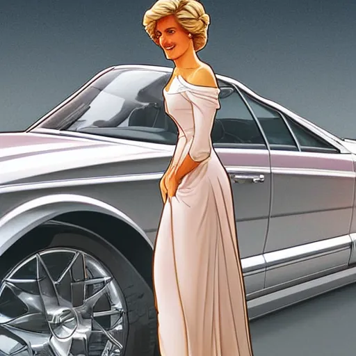 Image similar to Princess Diana standing next to a Mercedes-Benz W140, highly detailed, digital painting, artstation, concept art, smooth, sharp focus, illustration, art by artgerm and alphonse mucha, high definition digital art, in the style of Ross tran and ilya kuvshinov