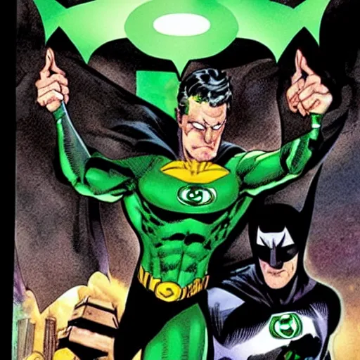 Prompt: a Batman comic cover from 1999 with Green Lantern on the background