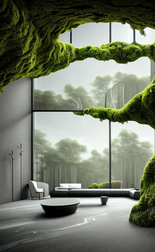 Image similar to highly detailed villa natural beautiful light interior soft cinematic composition of a smooth ceramic porcelain biomorphic magnolia stone nebula fluid sci - fi surreal architecture landscape, furniture, granite, trees, marble, moss, lichen, fungi, vincent callebaut composition, mamou - mani, archviz, 8 k, unreal engine, hdr