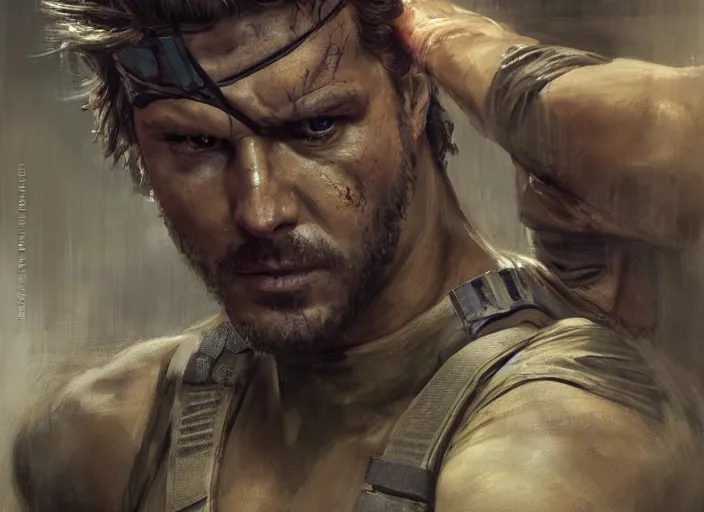 Image similar to solid snake subduing soldier ( blade runner 2 0 4 9, dystopian, cyberpunk 2 0 7 7 character design ). orientalist portrait by john william waterhouse and james gurney and theodore ralli and nasreddine dinet, oil on canvas. cinematic, hyper realism, realistic proportions, dramatic lighting, high detail 4 k