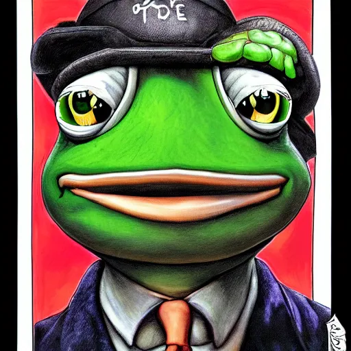 Image similar to pepe the frog by glenn fabry, iridescent - h 6 4 0