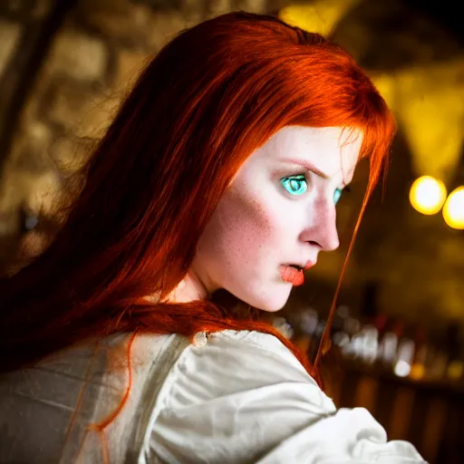 Image similar to beautiful bar maid with auburn hair and green eyes, in a medieval tavern, dramatic, cinematic, filmic, 7 5 mm, f / 1. 8