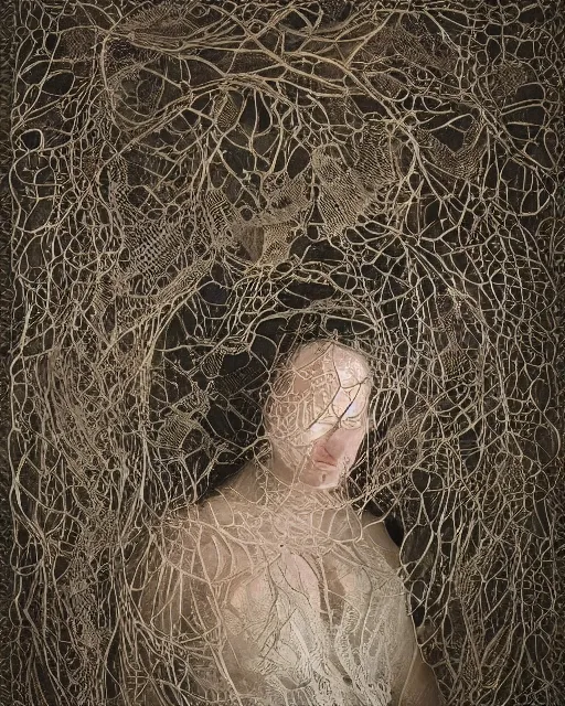 Image similar to a woman's face entwined in a coral reef, made of intricate decorative lace leaf skeleton, in the style of the dutch masters and gregory crewdson, dark and moody