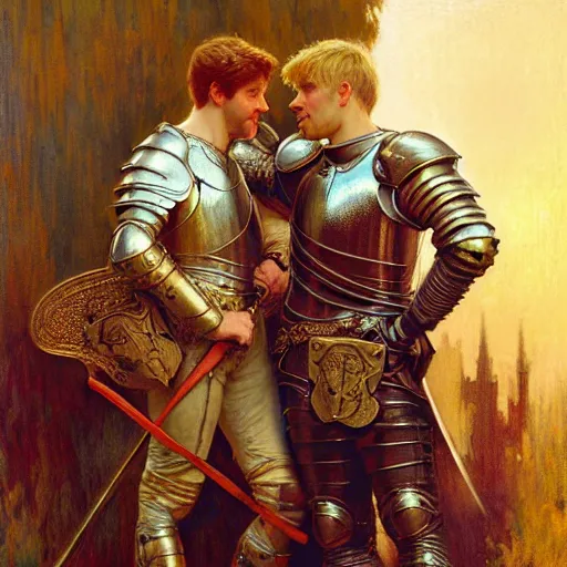 Image similar to attractive arthur pendragon and his attractive male knight, they are in love, natural lighting, path traced, highly detailed, high quality, digital painting, by gaston bussiere, craig mullins, alphonse mucha j. c. leyendecker