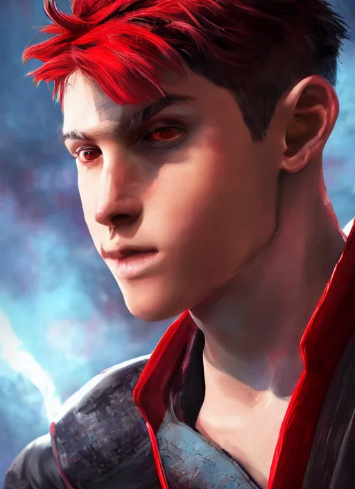 Prompt: An epic fantasy comic book style portrait painting of a young man with black and red cowlick undercut haircut, wearing a red shirt with X symbol, black overcoat, blue jeans. Wearing a ki power scouter. Unreal 5, DAZ, hyperrealistic, octane render, cosplay, RPG portrait, dynamic lighting