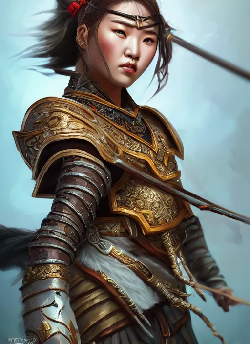 Image similar to a highly detailed illustration of fierce mongol warrior woman with bow, heroic shooting bow pose, perfect hyperdetailed face, intricate, elegant, highly detailed, centered, digital painting, artstation, concept art, smooth, sharp focus, league of legends concept art, wlop.