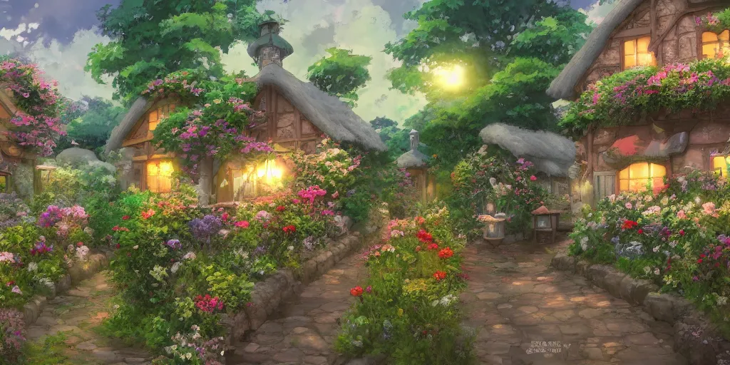 Image similar to flowery cottage, evening, highly detailed, studio ghibli, artstation