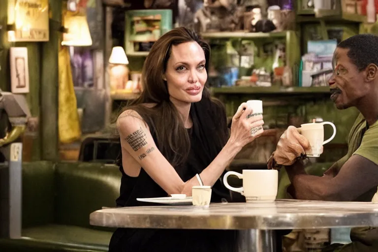 Image similar to Angelina Jolie and the alien from The Predator (2018) are best friends, drinking coffee at central perk, still photo, hyperrealistic, 35mm, 8k, by weta digital