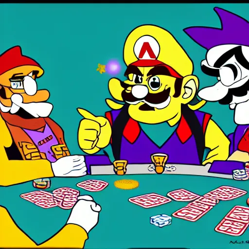 Prompt: link playing poker with wario, digital art
