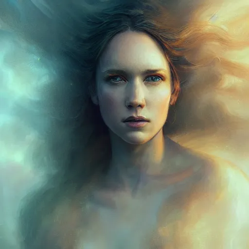 Image similar to majestic gracious regal female angel portrait, atmospheric lighting, painted, ethereal, intricate, volumetric lighting, beautiful, rich deep colours masterpiece, golden hour, sharp focus, ultra detailed, by leesha hannigan, ross tran, thierry doizon, kai carpenter, ignacio fernandez rios