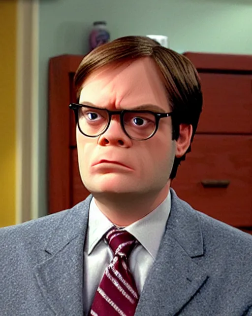 Image similar to film still from the office, dwight schrute as a muppet. highly detailed felt. hyper real photo. 4 k.