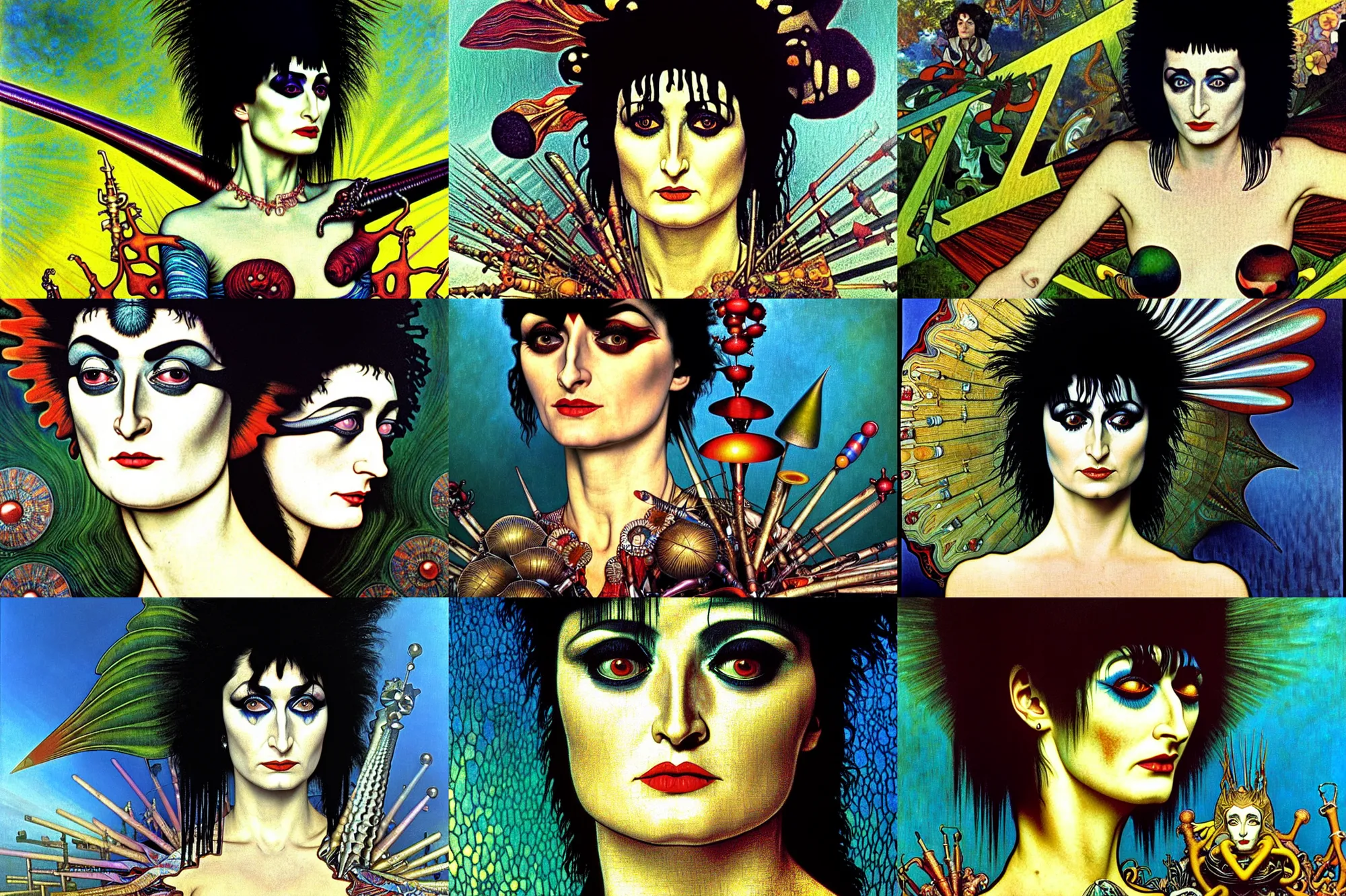 Prompt: realistic detailed closeup portrait movie shot of a siouxsie standing on a giant checkerboard by jean deville, amano, yves tanguy, denis villeneuve, ernst haeckel, alphonse mucha, max ernst, caravaggio, roger dean, masterpiece, rich moody colours