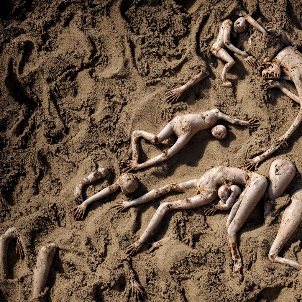 Prompt: overhead view a woman's corpse and a baby buried under sand, mud and rusty pipes, faded, depth of field,, ultra realistic, very detailed, by nadav kander, 8 k hyper realistic detailed cinematic still