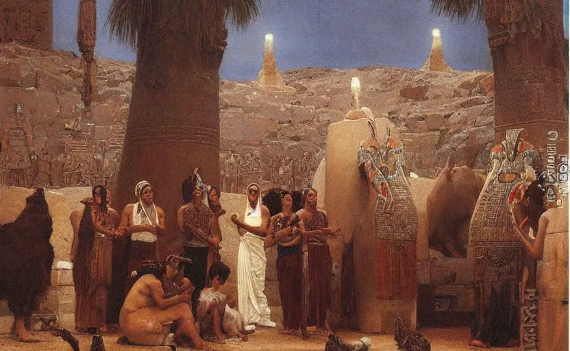 Prompt: a beautiful oil - painting by alma tadema of egyptian gods with animal heads, having a ceremony in a moonlit temple in karnak