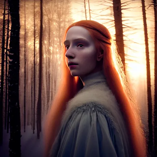 Image similar to photographic portrait of a stunningly beautiful english renaissance female in soft dreamy light at sunset, frozen forest, soft focus, contemporary fashion shoot, in a denis villeneuve and tim burton movie, by edward robert hughes, annie leibovitz and steve mccurry, david lazar, jimmy nelsson, extremely detailed, breathtaking, hyperrealistic, perfect face, octane render