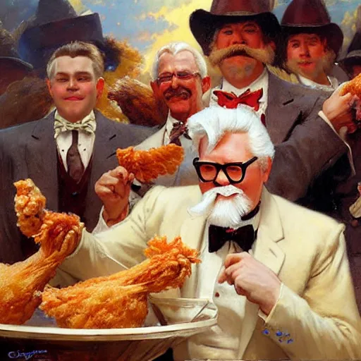 Prompt: colonel sanders throwing fried chickens, highly detailed painting by gaston bussiere, craig mullins, j. c. leyendecker, 8 k