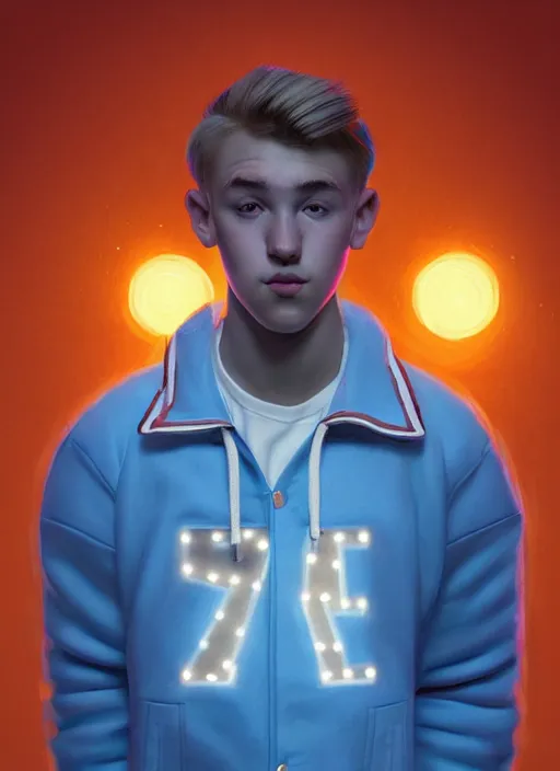 Image similar to portrait of high school senior boy named big moose, blonde short hair, jock, beefy, wide face, square jaw, square facial structure, blue varsity jacket with letter r, intricate, elegant, glowing lights, highly detailed, digital painting, artstation, concept art, sharp focus, illustration, art by wlop, mars ravelo and greg rutkowski