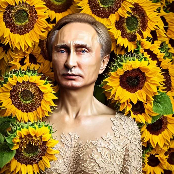 Image similar to photo portrait of Vladimir Putin - sunflowers - dressed in long elegant intricate ornamental ethereal sunflower dress, natural skin tone, highly detailed realistic flowers ornament in the upper side of breast, hair and wrinkles are intricate with highly detailed realistic flowers, elegant, Realistic, Refined, Highly Detailed, natural soft pastel lighting colors scheme, fine art photography by Cecil Beaton, volumetric lighting, hyper realistic photography