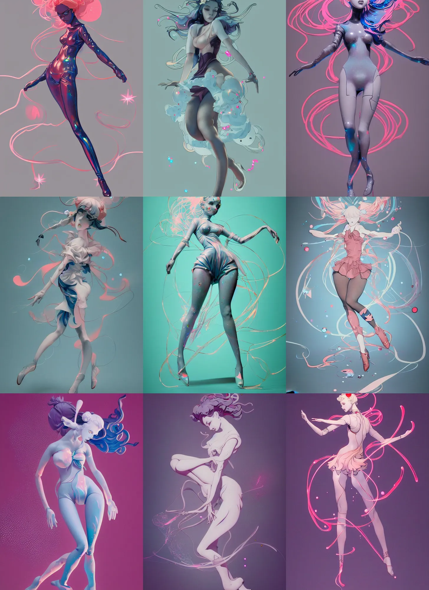 Prompt: james jean isolated vinyl figure voluptuous magical girl character design, figure photography, dynamic pose, holographic undertones, motion shapes color design, glitter accents on figure, anime stylized, sharp focus, accurate fictional proportions, high delicate defined details, ethereal lighting