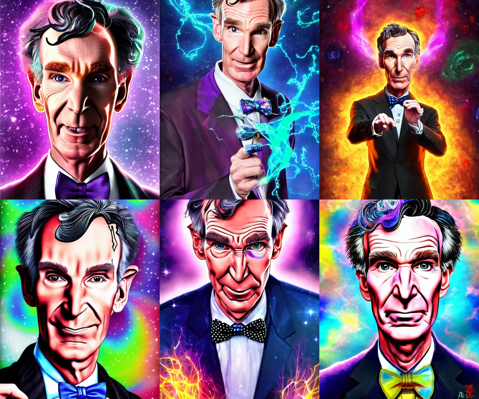 Prompt: portrait of bill nye as a chaos mage, beautiful, fantasy, colorful, artstation, trending, highly detailed, focus, smooth, by hirohiko araki and yoshitaka amano